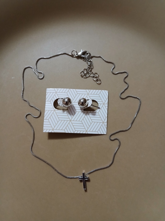 Jewelry - Silver Cross Necklace and Stud Earrings Set - Silver